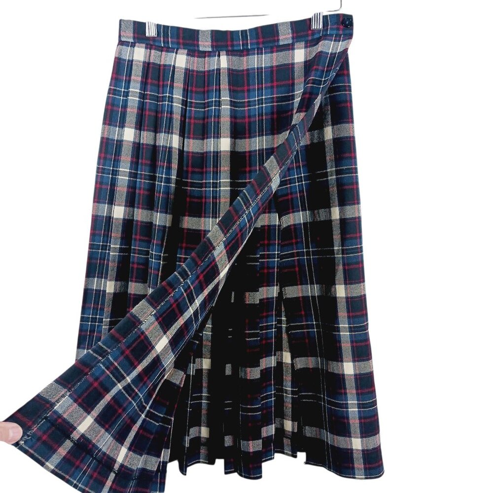 Vintage F.A. Chatta SZ 10 Wool Plaid Pleated Wrap Skirt, Navy/Red/Cream Academia - Picture 4 of 13
